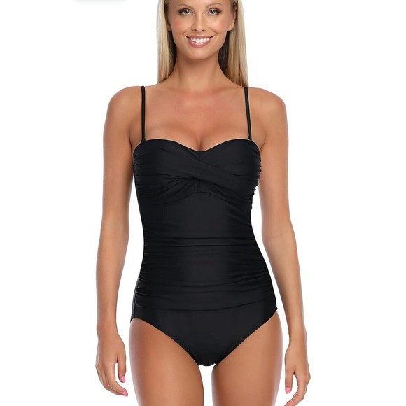 RELLECIGA Black One Piece High Cut Bandeau Adjustable Straps Swimsuit Size Large - Picture 2 of 11